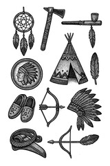 Ancient Native American Culture Objects Transparent PNG, Tribal Masks, Totems, Arrows, Dreamcatchers, Antique Indigenous Artifacts, Vintage Illustration, Retro Engraving Style, Isolated Clipart Set © FriskySloths