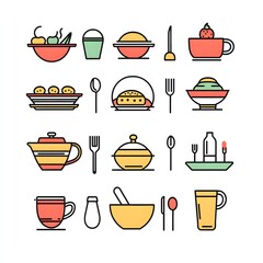 Colorful outline icons of various kitchenware and tableware.