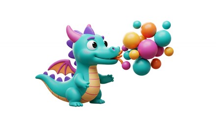 Obraz premium Cute cartoon dragon blowing bubbles
