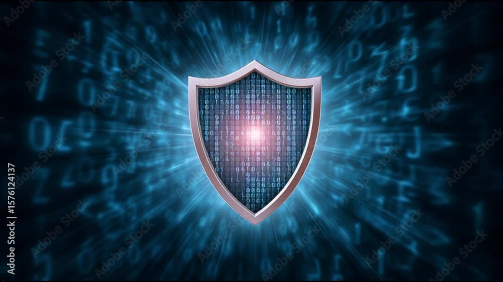 Poster digital shield with glowing binary code symbolizes cybersecurity protection and data safety through 