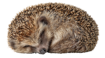 A cute hedgehog curled up in a defensive position, isolated on a white background.