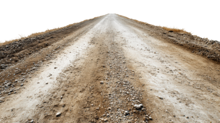 A desolate dirt road stretching into the distance on a white isolated background.