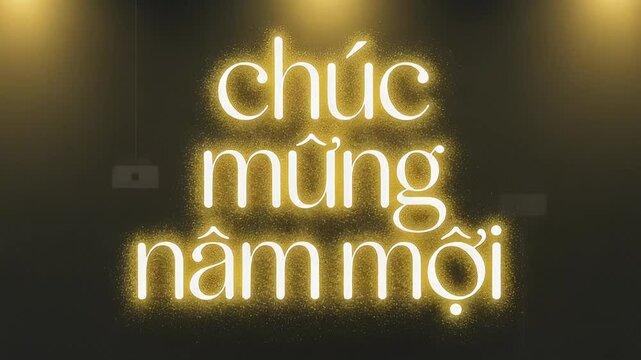 Ch&uacute;c mừng năm mới glowing Vietnamese new year text on dark