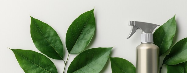 Canister spray substance Eco-friendly cleaning spray bottle with fresh green leaves on a light background for a natural cleaning concept.