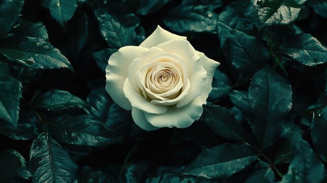 Close-up of a single creamy white rose amidst dark leaves.