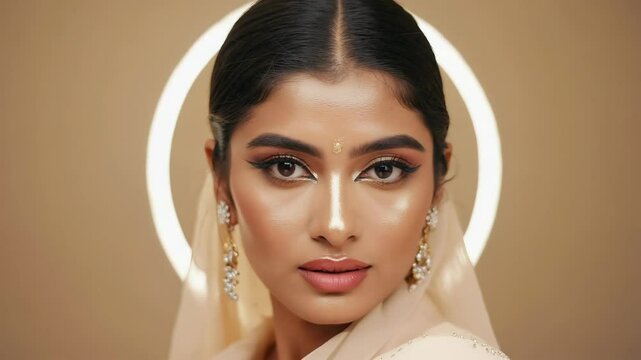 A glamorous close-up portrait of a beautiful South Asian woman with flawless makeup, glowing skin, and a halo light, representing modern Indian bridal beauty