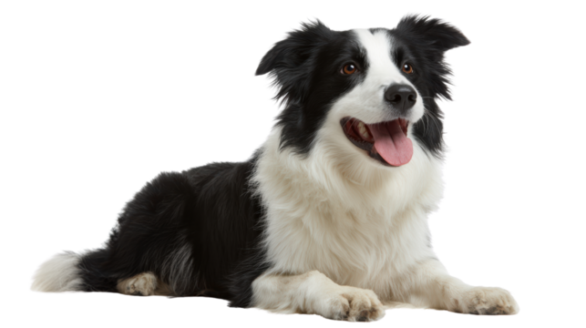 A happy border collie dog lying down with a playful expression, isolated on a white background.
