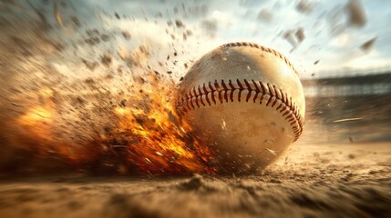Dynamic baseball impact with dust and motion blur, capturing intense sports action