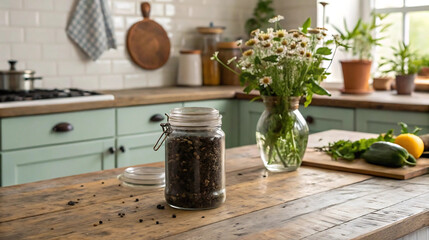 Cozy farmhouse kitchen scene with a jar of dried herbs or tea, wildflowers in a vase, and fresh vegetables.