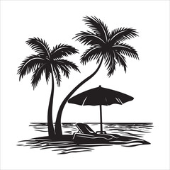 Tropical Beach Scene silhouette, Tropical Beach Scene vector, Summer beach with cute tropical elements, The drawing is black and white and has a vintage feel to it