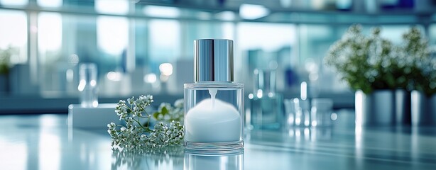 Canister spray substance Elegant perfume bottle surrounded by delicate flowers on a sophisticated table, depicting freshness and luxury.