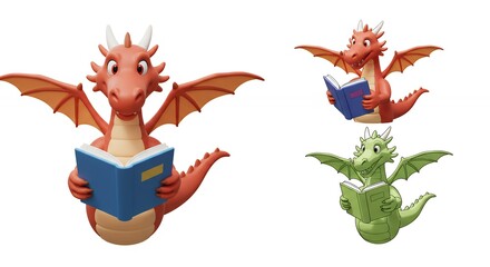 Three cute dragons reading books
