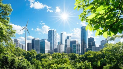 Obraz premium Urban Skyline with Greenery and Renewable Energy in Bright Sunlight