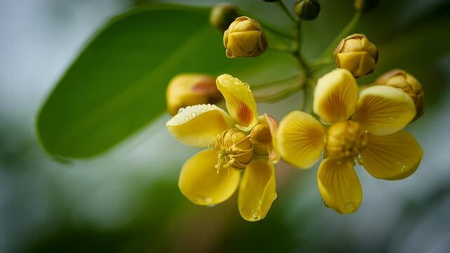 Macro shot of ochna yellow flowers with green leaves. 4K Video