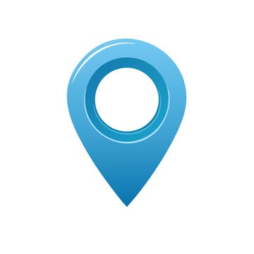 Vivid blue map pin icon marking location; illustration of a navigational marker showing direction for travel applications.