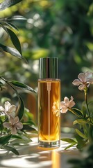 Canister spray substance Elegant perfume bottle surrounded by lush greenery and delicate flowers, showcasing a sense of natural beauty.