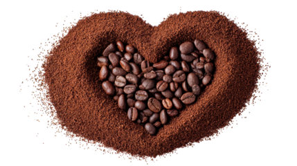 Coffee beans arranged in a heart shape on a bed of ground coffee, isolated on white background.