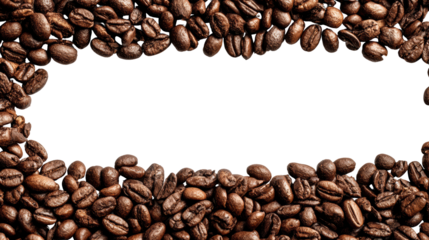 Coffee beans arranged in a frame shape, highlighting their rich texture against a black background.