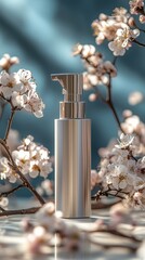 Canister spray substance Elegant skincare bottle surrounded by delicate cherry blossoms, capturing beauty and freshness in natural light.