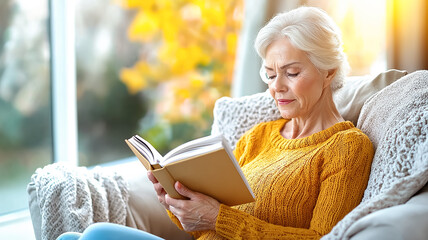 Elderly woman reading a book by the window in autumn sunlight