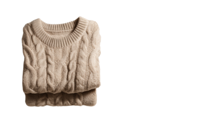 Cozy beige knit sweater, perfect for autumn or winter wear, isolated on a white background.