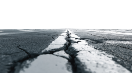 Cracked asphalt road with white stripes, highlighting wear and tear, isolated on a white background.
