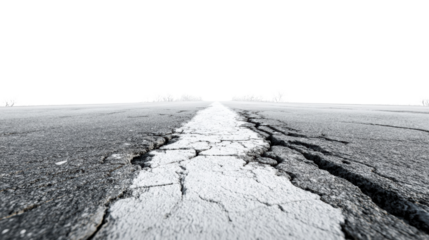 Cracked asphalt road leading into the distance, isolated on a white background.