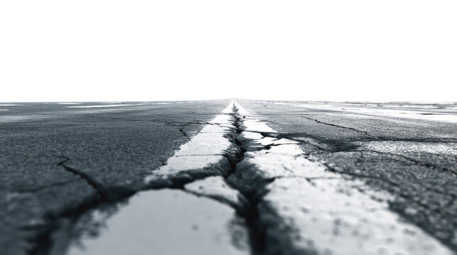 Cracked asphalt road with white stripes, highlighting wear and tear, isolated on a white background.
