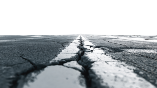 Cracked asphalt road with white stripes, highlighting wear and tear, isolated on a white background.