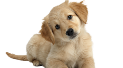 Cute golden retriever puppy with playful expression, white isolated background.