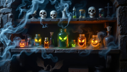 realistic mysterious dark shelf with cursed objects, glowing eyes from jars