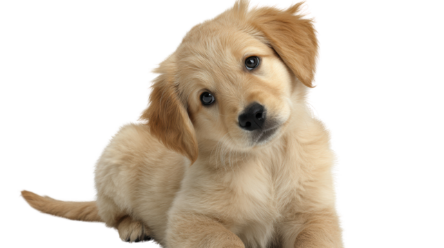 Cute golden retriever puppy with playful expression, white isolated background.