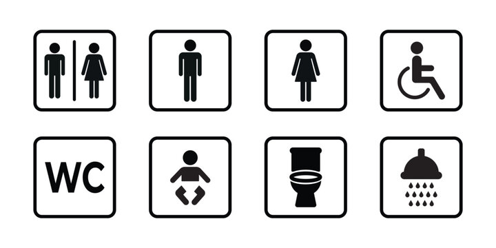 WC icon set. Washroom and restroom door signs for men, women, disabled, baby changing, Printable stock vector illustration