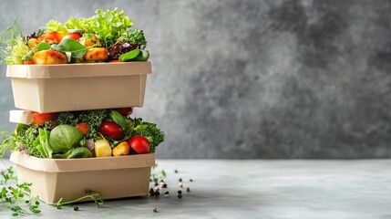 Stacked Healthy Meal Boxes on Plain Background