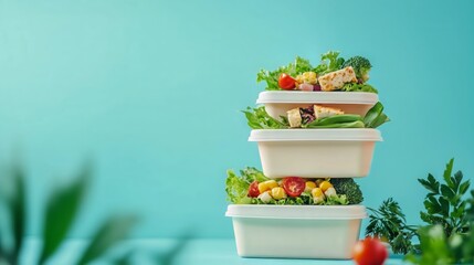 Stacked Healthy Meal Boxes on Blue Background
