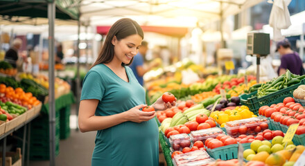 Smiling pregnant woman selects fresh produce at market, embracing healthy eating and maternal wellness.