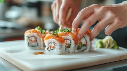 Chef Preparing Fresh Sushi Rolls with Vegetables
