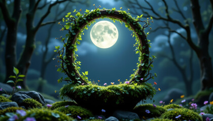 minimal fantasy concept with floating moss covered frame under magical moonlight