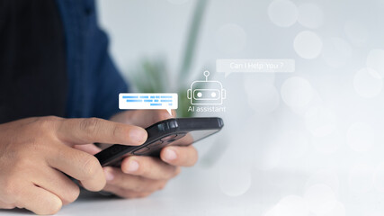 Close up hand using a smartphone with an AI assistant chatbot on screen for customer service, digital technology, and business innovation.