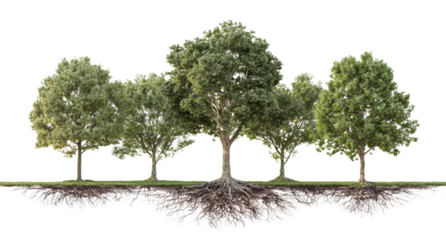 Five trees with visible roots, showcasing their unique shapes and vibrant foliage, on a white isolated background.