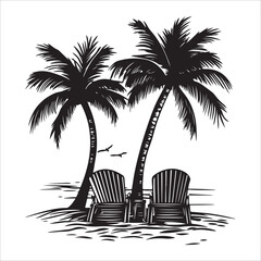 Obraz premium Tropical Beach Scene silhouette, Tropical Beach Scene vector, Summer beach with cute tropical elements, The drawing is black and white and has a vintage feel to it
