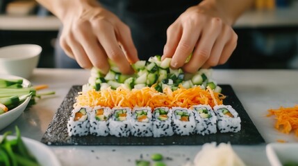 Chef Preparing Fresh Sushi Rolls with Vegetables
