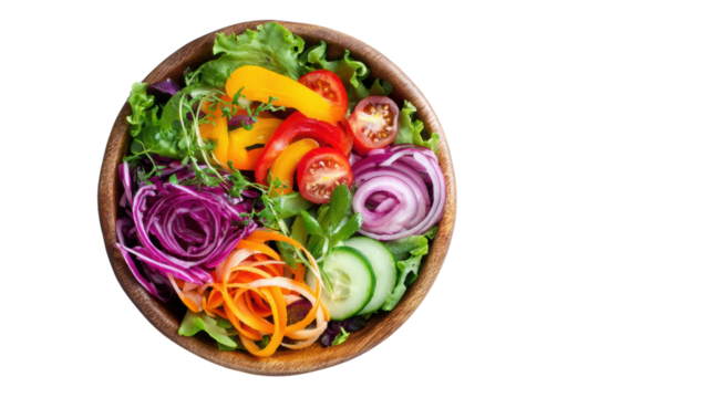 Fresh salad with various colorful vegetables in a wooden bowl on a white background.
