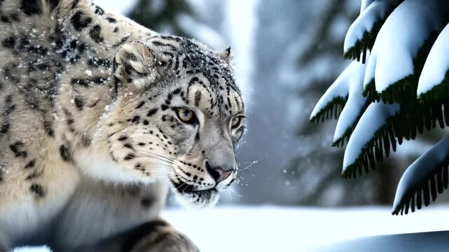 Snow leopard in winter landscape