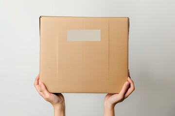 Faceless hands holding recycled cardboard delivery box with blank sticker, white background, sustainable e-commerce concept.