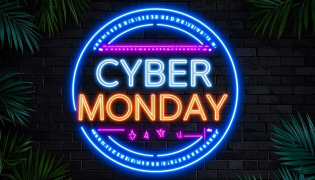 Neon Cyber Monday sign on dark brick wall - Powered by Adobe