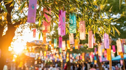 Colorful Lanterns Hanging from Trees at Outdoor Festival Event