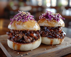 Two small, round, Asian-style sandwiches on a wooden platter.  The buns are topped with a mixture of purple slaw and sesame seeds.