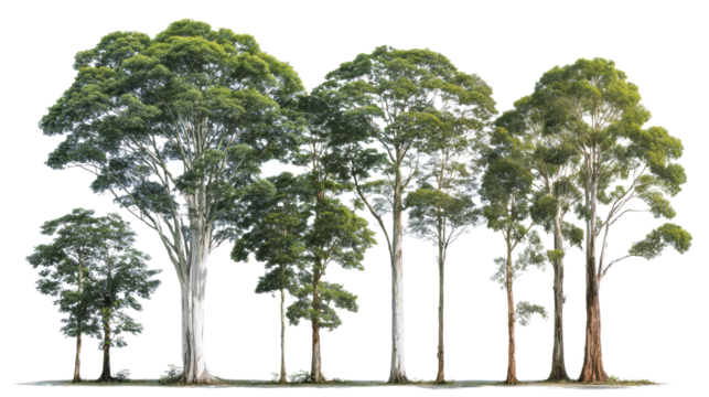 Group of tall trees with lush green foliage, isolated on a white background.