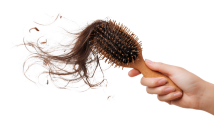 Hand holding a hairbrush with flowing hair, white isolated background.